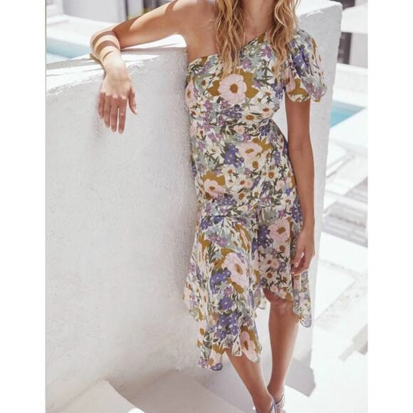 ASTR The Label Santorini Dress Medium One Shoulder Midi Floral Wedding Cocktail - Picture 3 of 16